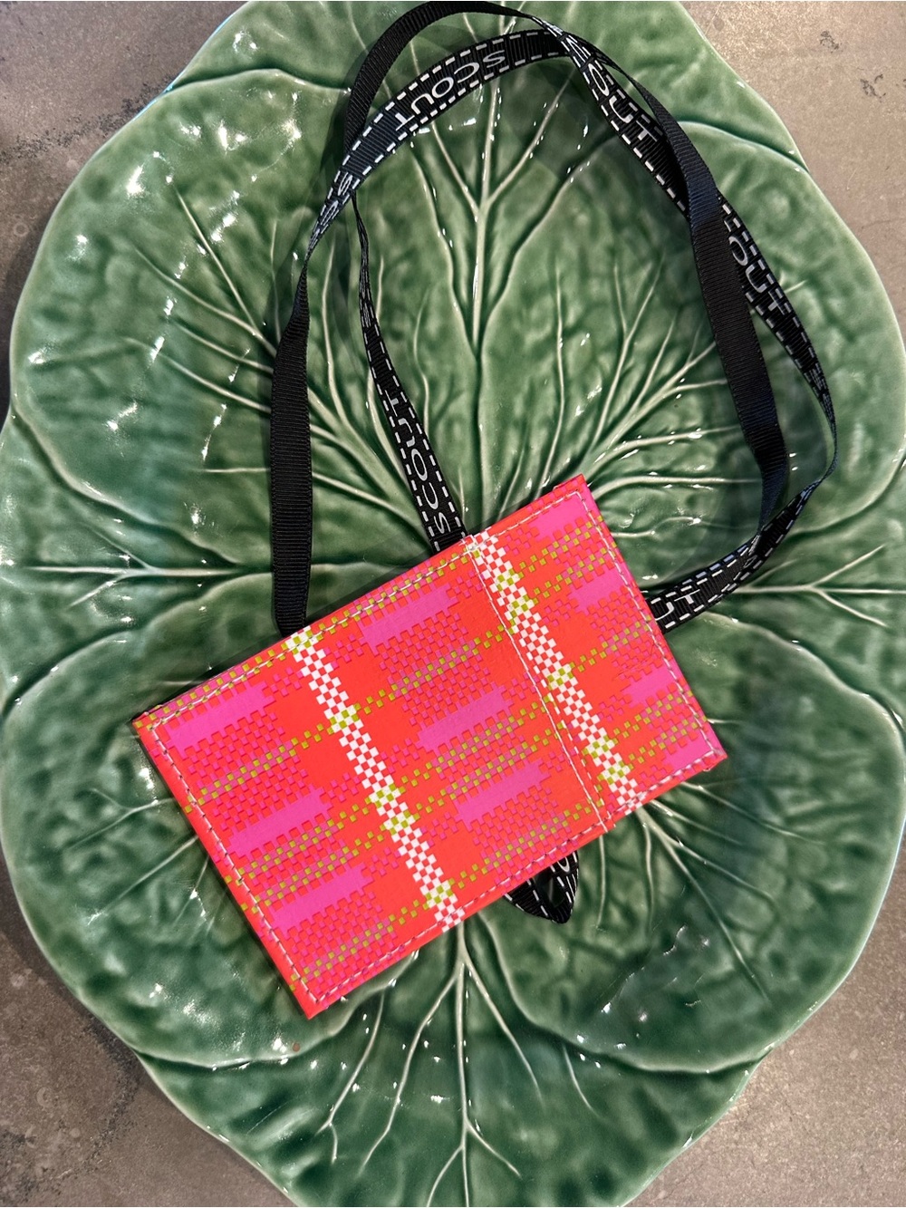 Scout Bright Pink Plaid Crossbody Card Holder with Black Logo Strap